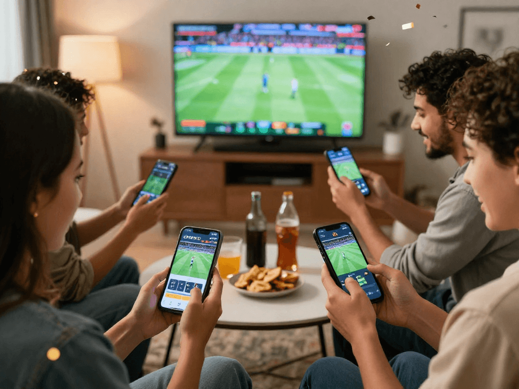 Group of friends enjoying sports betting with CV 666 app on their devices in a lively living room.