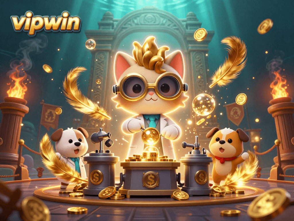Play at vipwin with an engaging 3D casino scene featuring a mad scientist cat and dog in a vibrant lab.