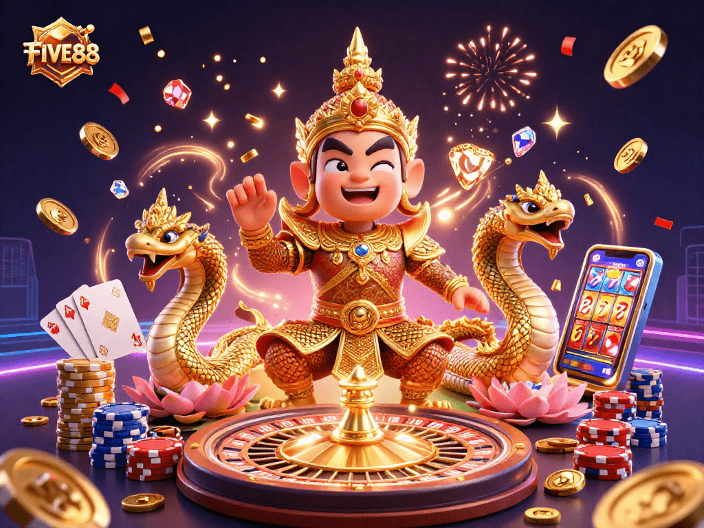 Engage with FIVE88 and experience the excitement of spinning reels and vibrant poker chips.