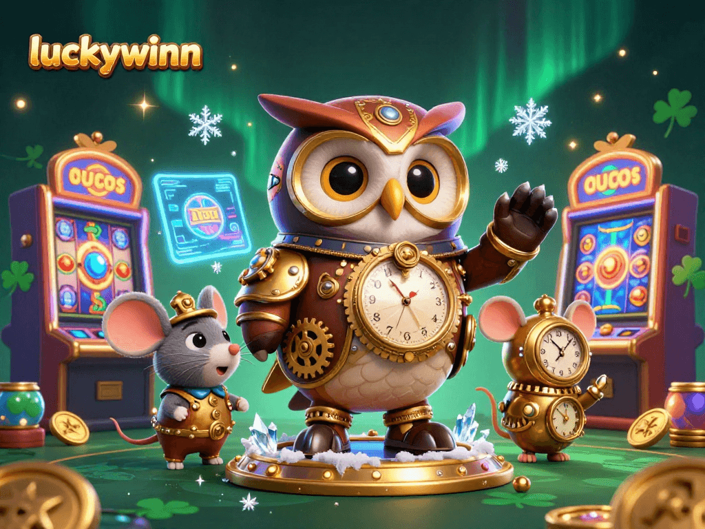 Experience thrilling wins at luckywinn with a vibrant casino illustration featuring a time-traveler owl.