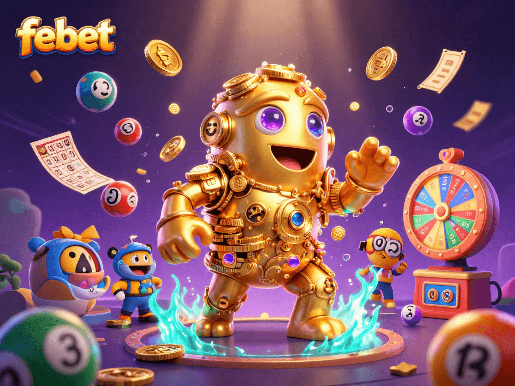 Experience excitement with febet's dynamic golden golem surrounded by vibrant gambling elements.