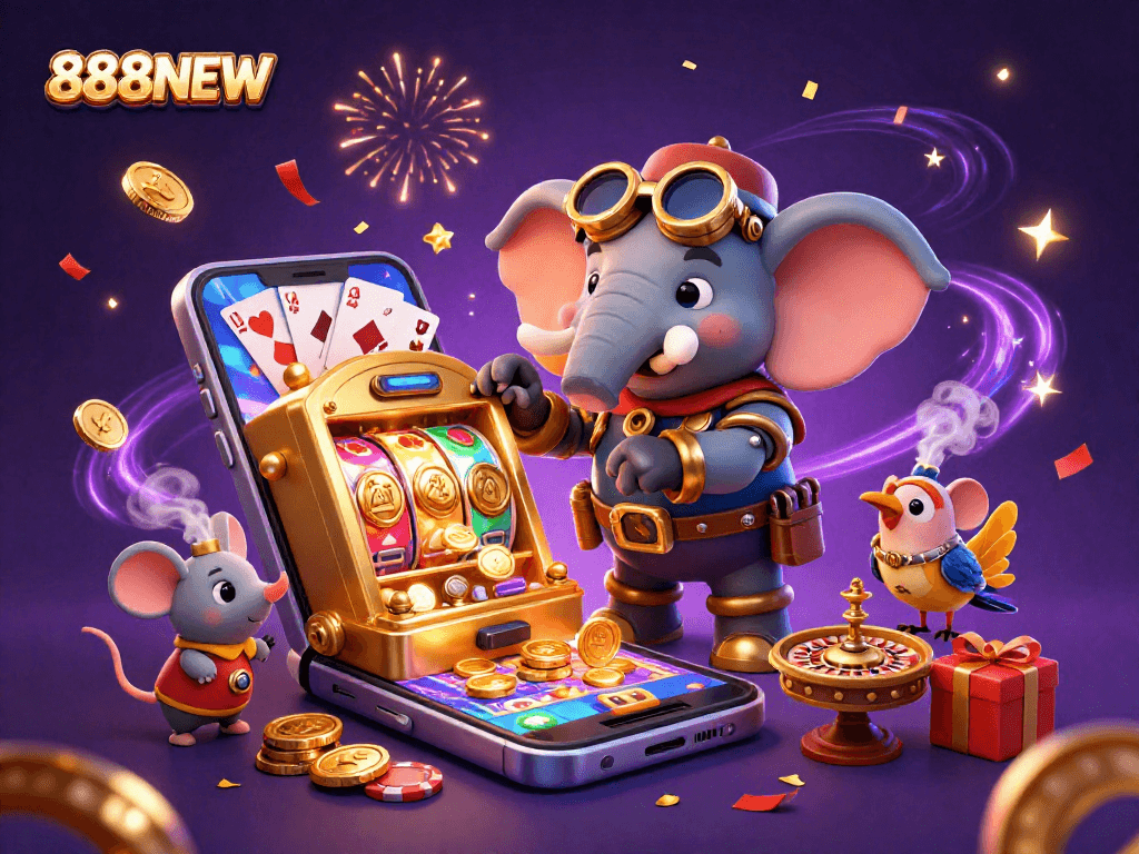 Spin and win with the festive 888NEW steampunk-themed casino illustration showcasing vibrant gaming elements.
