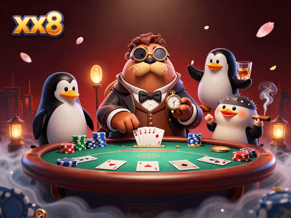 Experience the thrilling play at xx8 with a lively poker scene featuring vibrant characters and game elements.