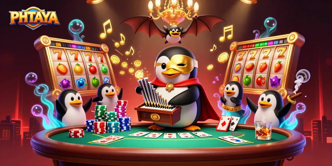 PHTAYA casino scene featuring a charming penguin at a organ, surrounded by lucky symbols and vibrant casino elements.