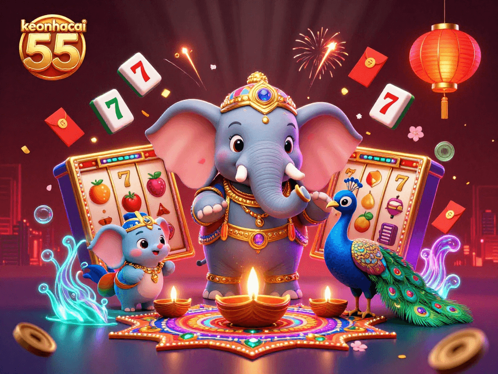 Experience the exciting world of keonhacai 55 with colorful slot reels and vibrant characters.