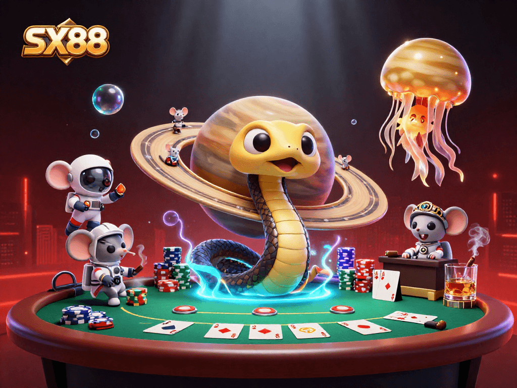 SX88 players engaging in cosmic roulette with animated elements and vivid gaming action.