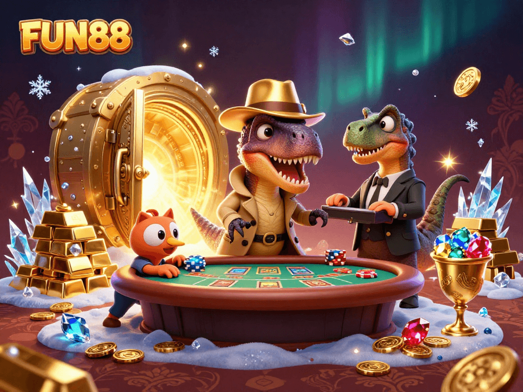 Experience FUN88's thrilling blackjack with a cartoon velociraptor and vibrant visuals in a casino scene.