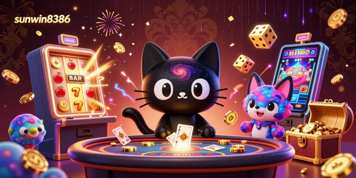 Engage with sunwin8386 at an exciting cosmic casino with a fun black hole cat and colorful fox characters.