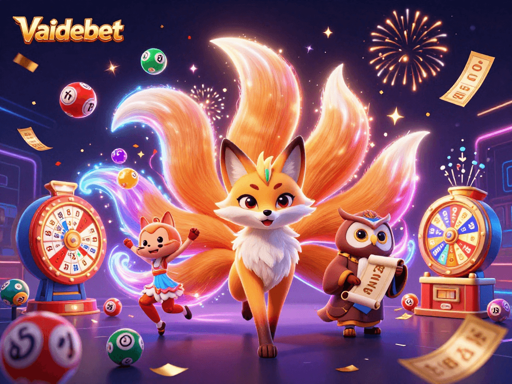Experience thrilling gameplay with Vaidebet in this vibrant illustration of a lottery theme surrounded by energetic elements.