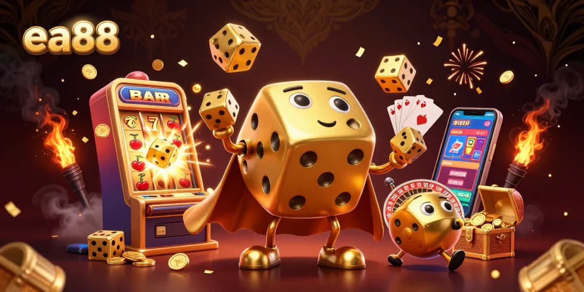 Experience ultimate fun with ea88 in this vibrant casino scene showcasing golden dice, slot machines, and enticing games.