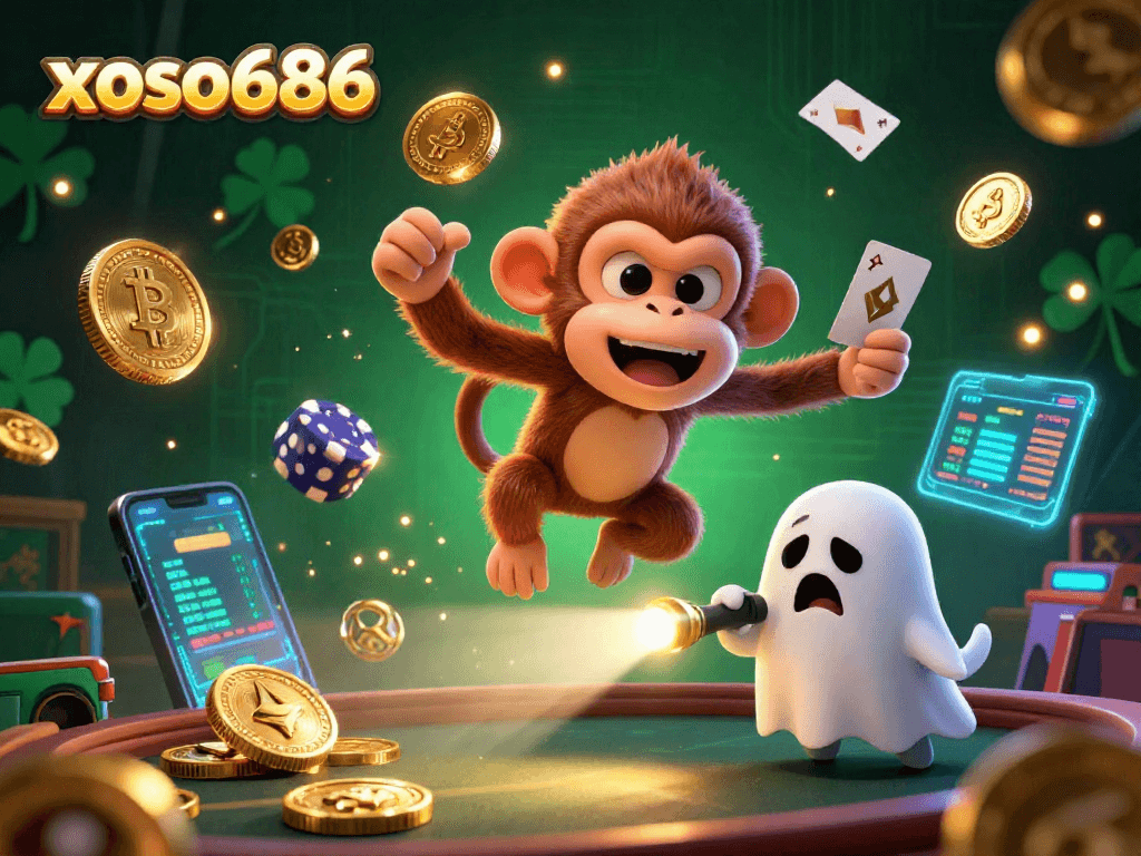 Engage with xoso686's haunted casino scene of a mischievous poltergeist monkey and a curious puppy, illuminating the excitement of gaming.