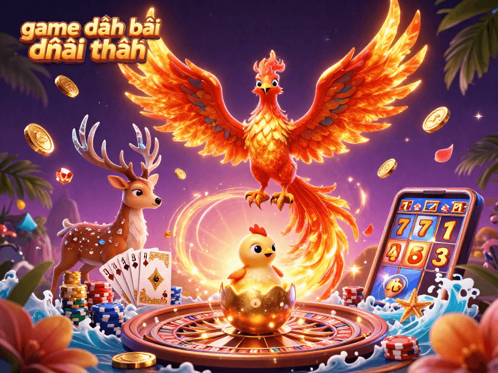 Engage with the game đánh bài đổi thưởng in a vibrant casino scene showcasing a phoenix, gold coins, and poker chips.