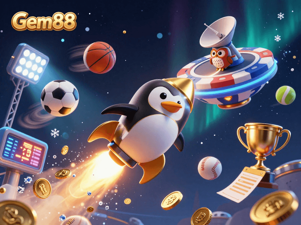 Experience Gem88's vibrant gambling universe with a thrilling golden penguin and sports elements.