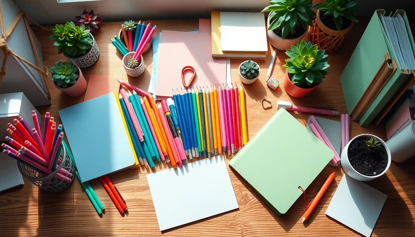 Explore high-quality stationery online uk with beautifully arranged products on a rustic desk.