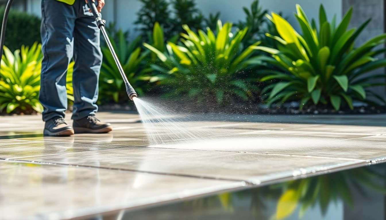 Concrete cleaning service showcasing a technician pressure washing a driveway, illustrating effective exterior cleaning.