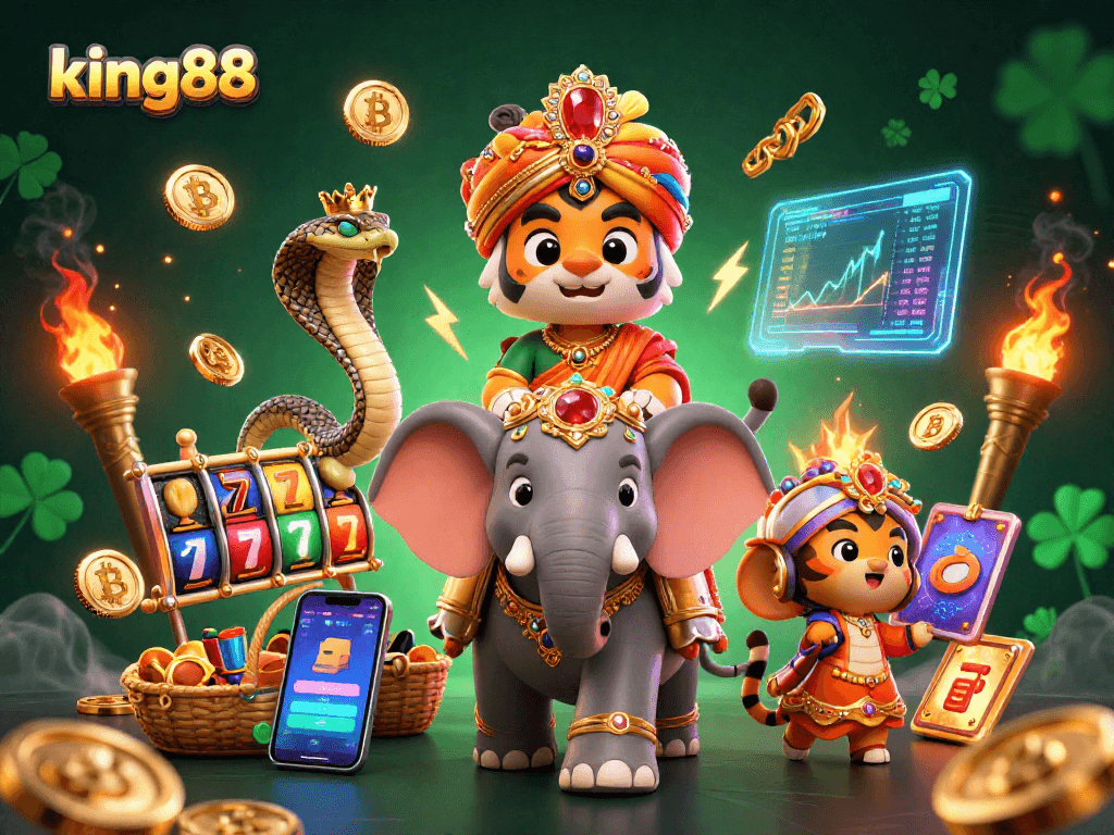 Engage with king88's thrilling gambling experience featuring a lavish maharaja and vibrant game elements.