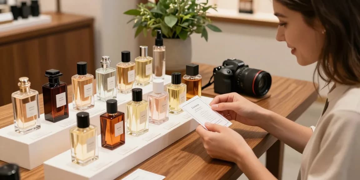 Perfume samples and decants displayed elegantly, showcasing a luxury shopping experience with diverse fragrances.