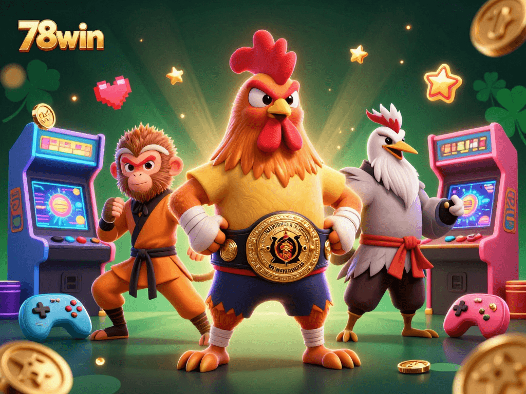 Experience the thrilling action of 78win casino with a 3D cartoon rooster champion and friends.