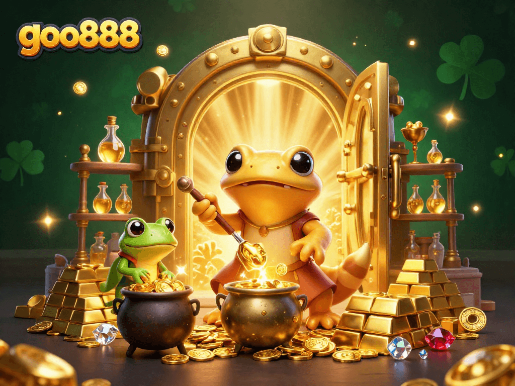 Experience rich rewards with goo888 in this vibrant casino-themed illustration.