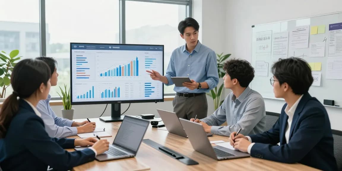 Équipe de professionnels du secteur bancaire CIBC business collaborant autour d'une réunion stratégique avec des tableaux de bord financiers.