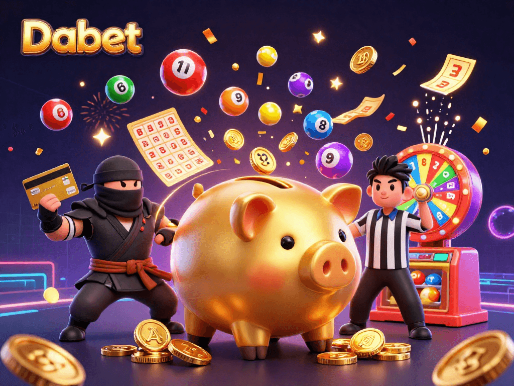 Dabet gamifies excitement with a dynamic scene of a golden piggy bank sumo wrestler in action.