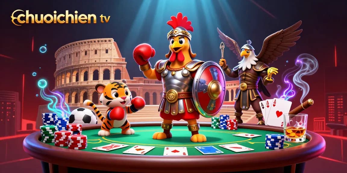 Watch chuoichien tv as a gladiator rooster stands ready amidst dynamic sports betting elements.