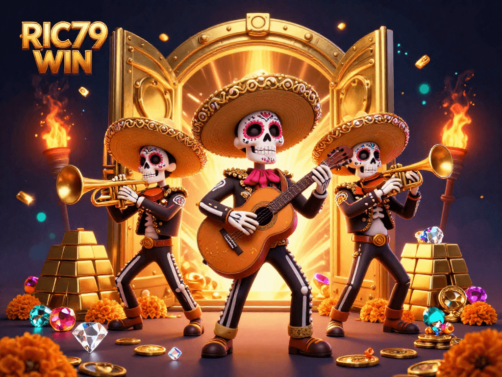 Experience RIC79 WIN with a vibrant Day of the Dead mariachi band amidst glittering casino riches.