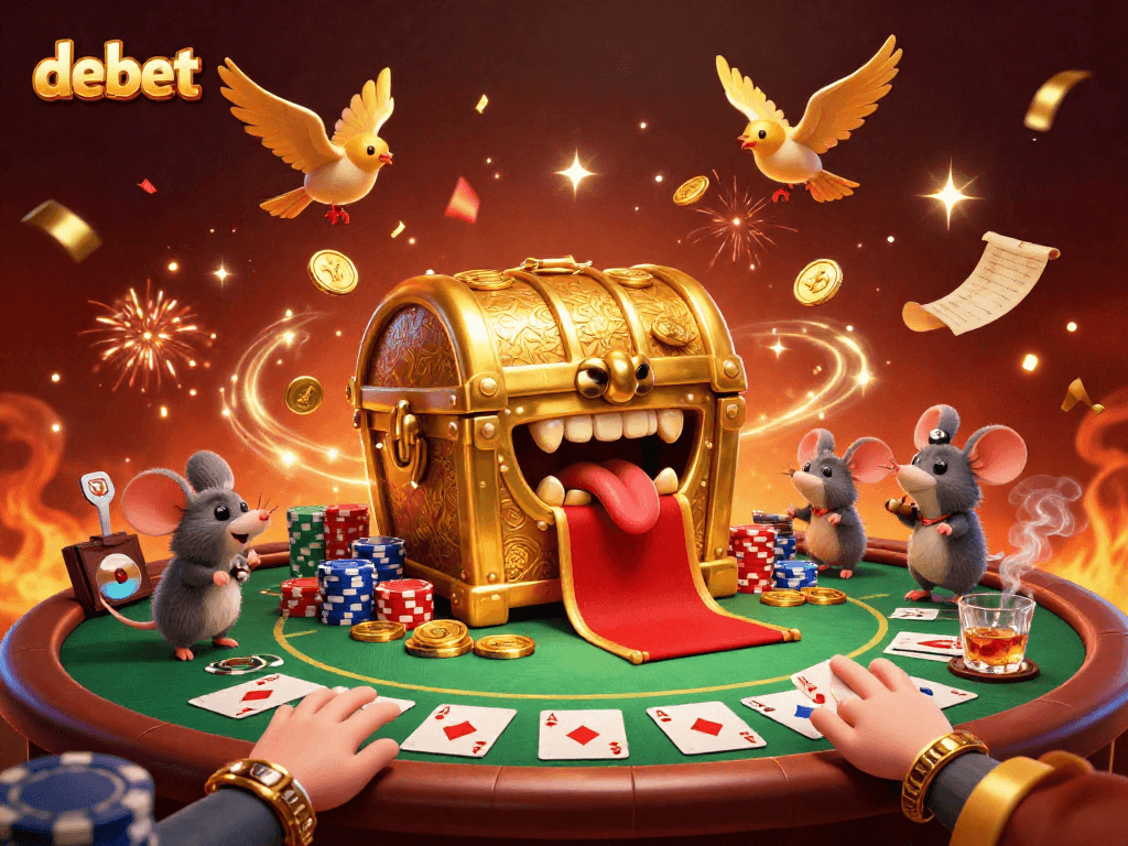 Experience thrilling poker action with debet as a vibrant treasure chest lures adventurer mice to riches.