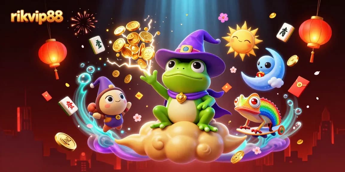 Experience the thrill of rikvip88 with a magical scene of a frog, chameleon, and casino treasures.