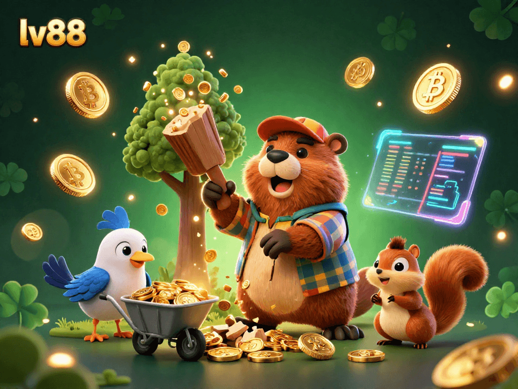 Exciting lv88 gaming scene with a beaver, bird, and squirrel celebrating a coin rain in a vibrant casino backdrop.