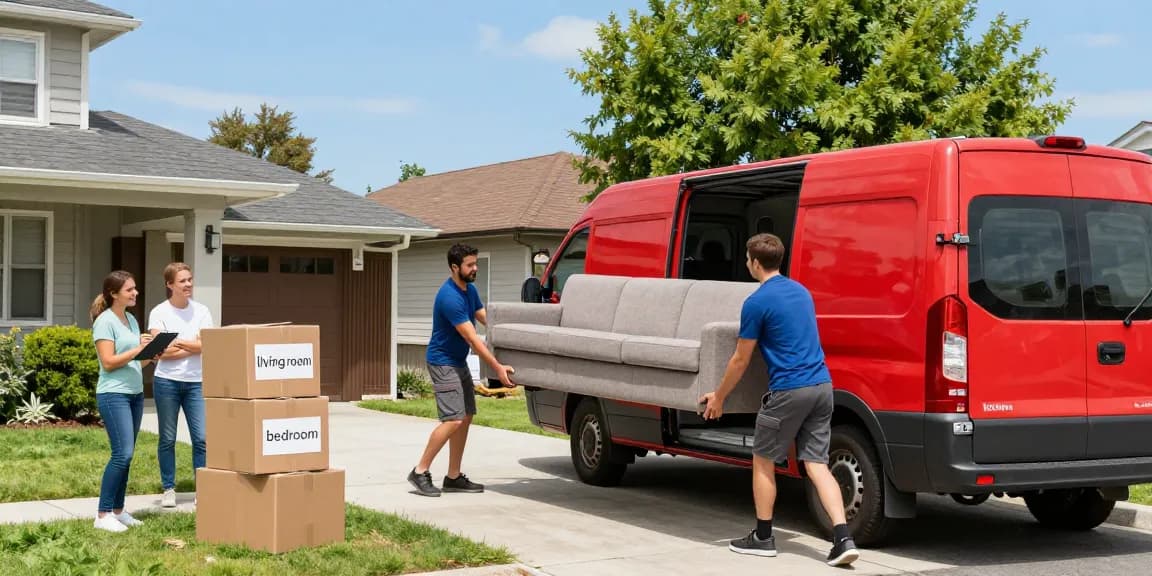 House movers loading a large sofa into a red removal van, with a family and boxes in a vibrant neighbourhood.
