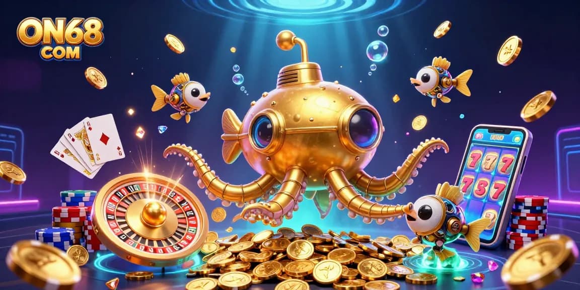 Experience thrilling gameplay at ON68 COM with a dynamic scene of unique casino elements and characters.