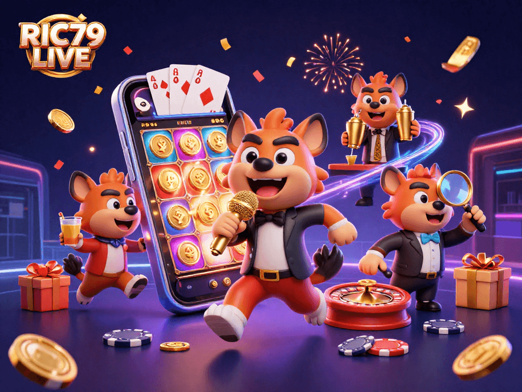 Experience the fun of RIC79 LIVE at a vibrant casino club with hyenas and exciting gaming elements.