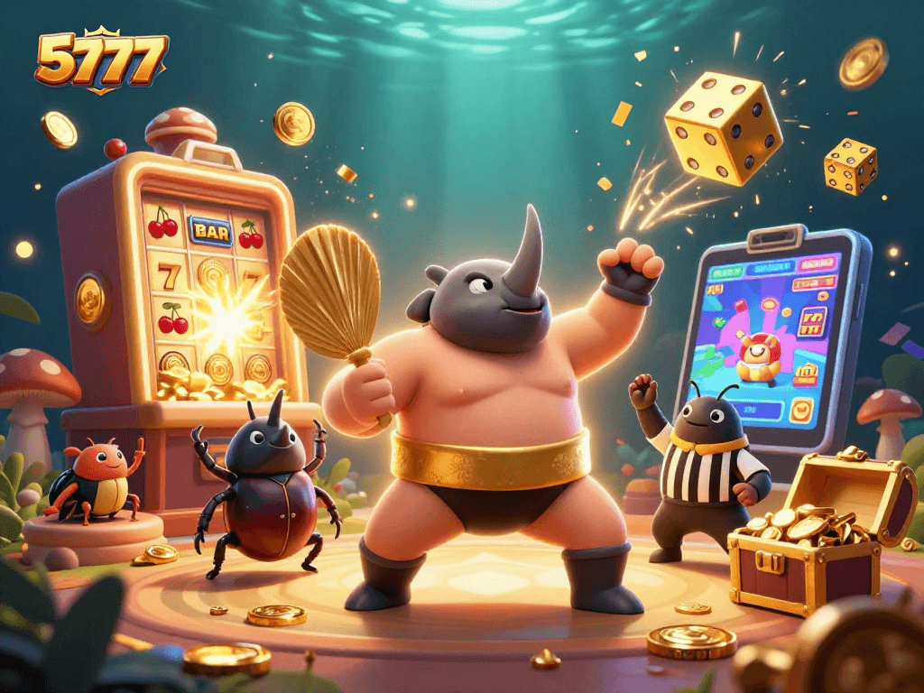 Experience thrilling entertainment at 5777 with a dynamic 3D casino scene bursting with excitement and action.