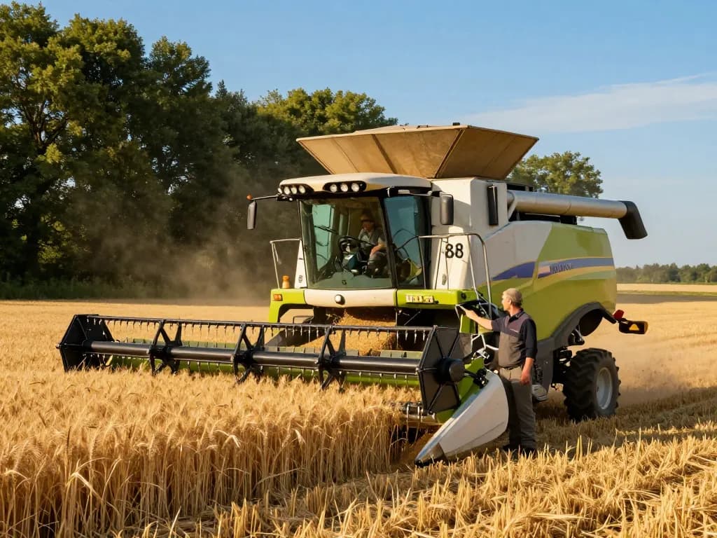 New Holland TR88 combine harvesting wheat on a sunlit farm, showcasing agricultural efficiency.