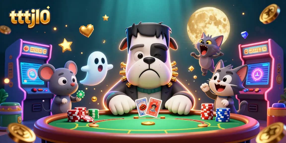 tttjl0 showcases a lively poker game scene with a Frankenstein bulldog, ghost mouse, and werewolf kitten.