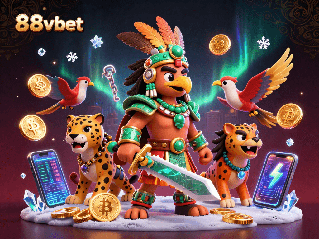 Join the excitement at 88vbet with a vibrant scene showcasing legendary warriors amid cryptocurrency elements.
