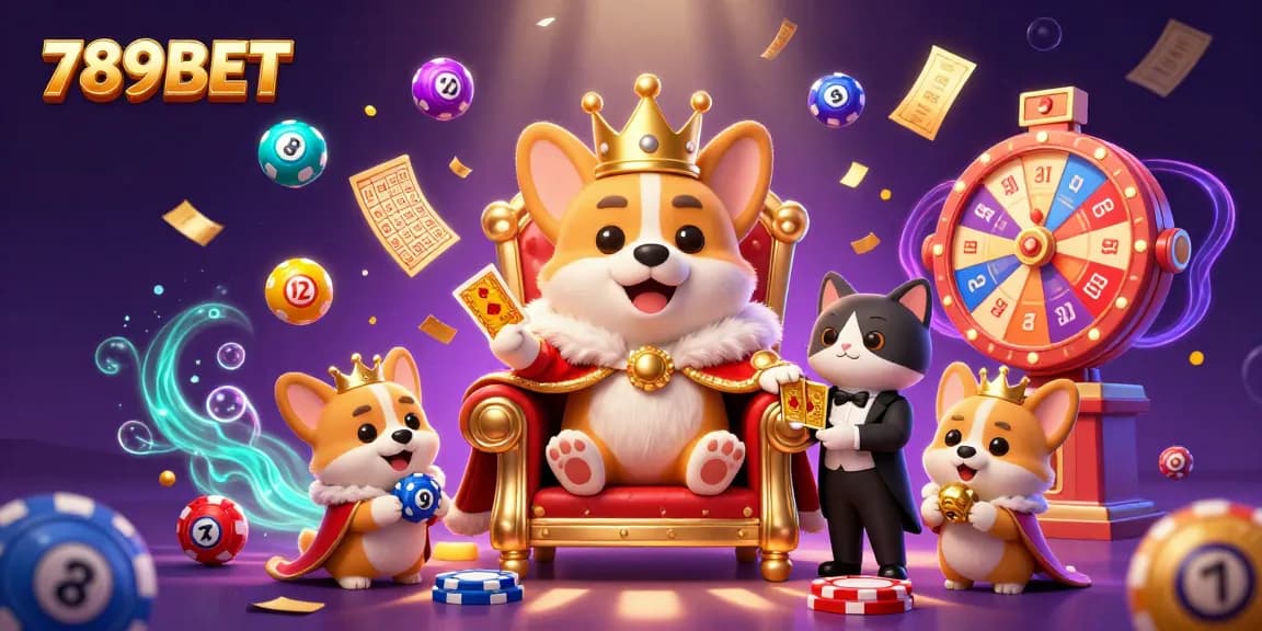Engage with 789BET by experiencing a vibrant 3D scene of a royal corgi and elements of exciting gambling.