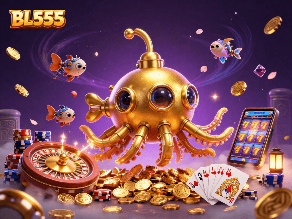 Experience exciting gaming at BL555 with a dynamic scene of a golden kraken submarine amidst cascading coins.