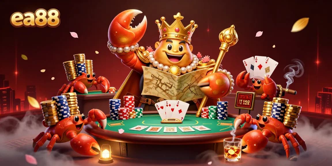 Experience the excitement of gambling at ea88 with vibrant scenes of a golden crab emperor and poker elements.
