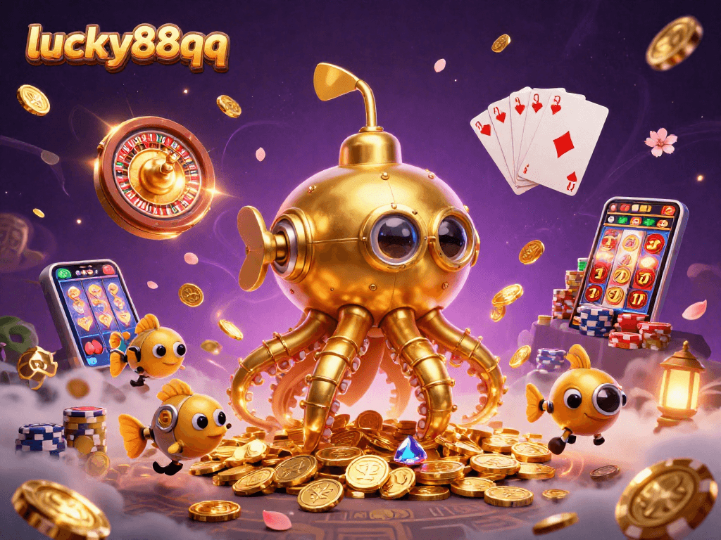 Experience exciting moments at lucky88qq with a golden kraken submarine amid coins and roulette action.