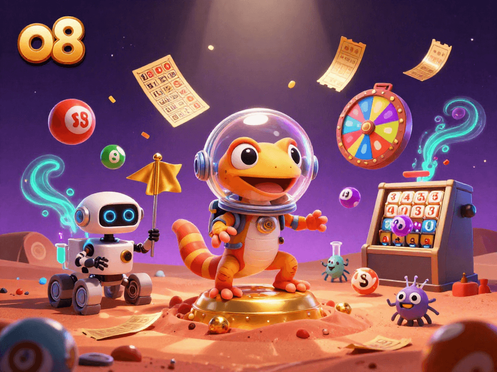 Join the Martian gecko in a golden casino adventure with lottery excitement at o8.