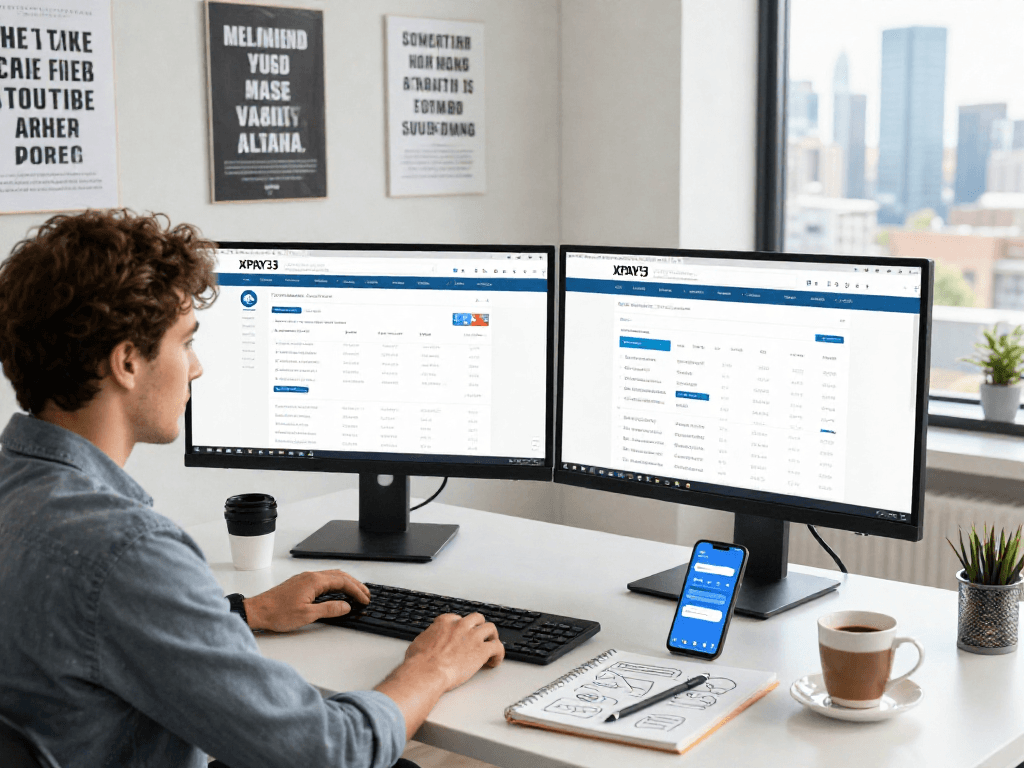 Online income strategist analyzing reports on the XPAY33 official site in a modern workspace.