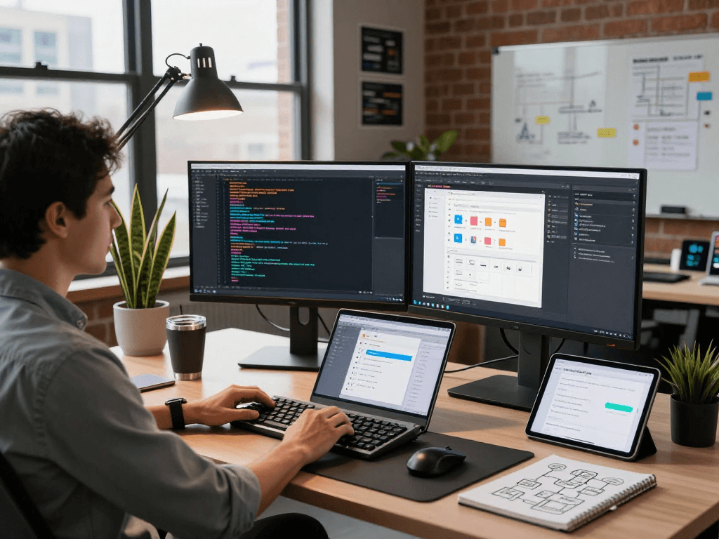 在高效的现代办公环境中，WPS Office 的开发者正在专注于编程，桌面上显示开发界面和文档。