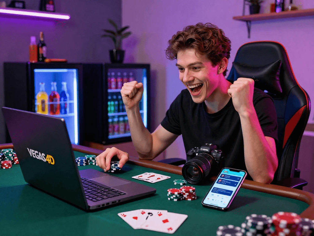 Exciting VEGAS4D online gaming experience with a user engaged on a laptop, surrounded by poker chips and sports betting notifications.