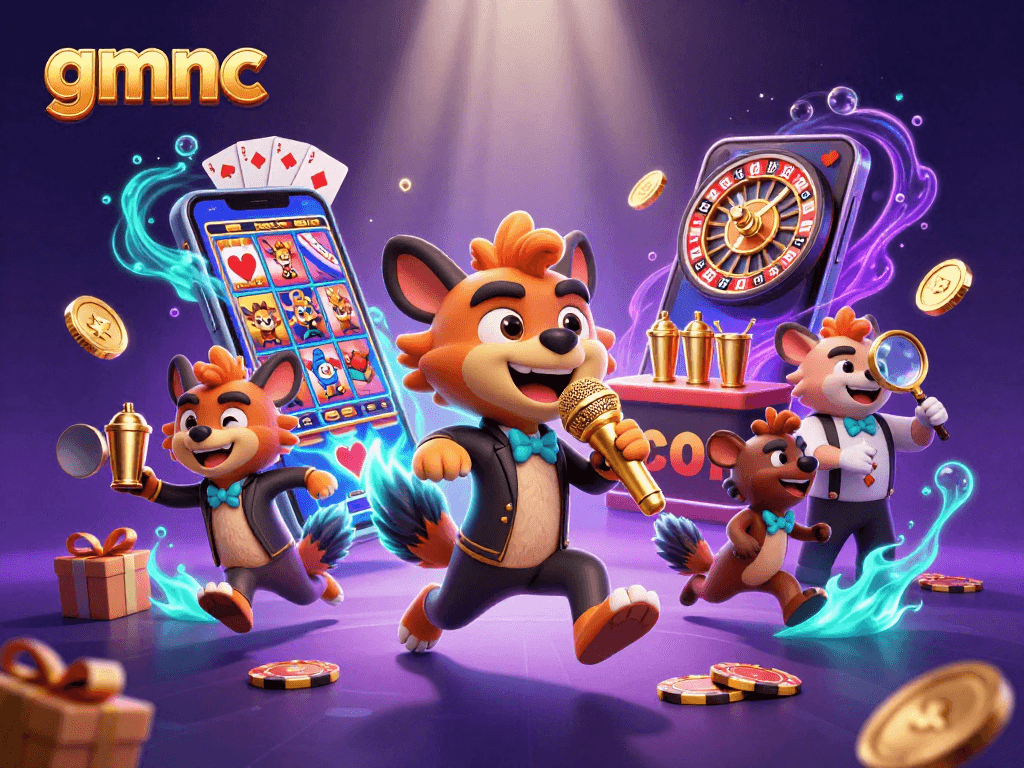 Experience the gmnc comedy casino with hyenas performing and colorful slots spinning.