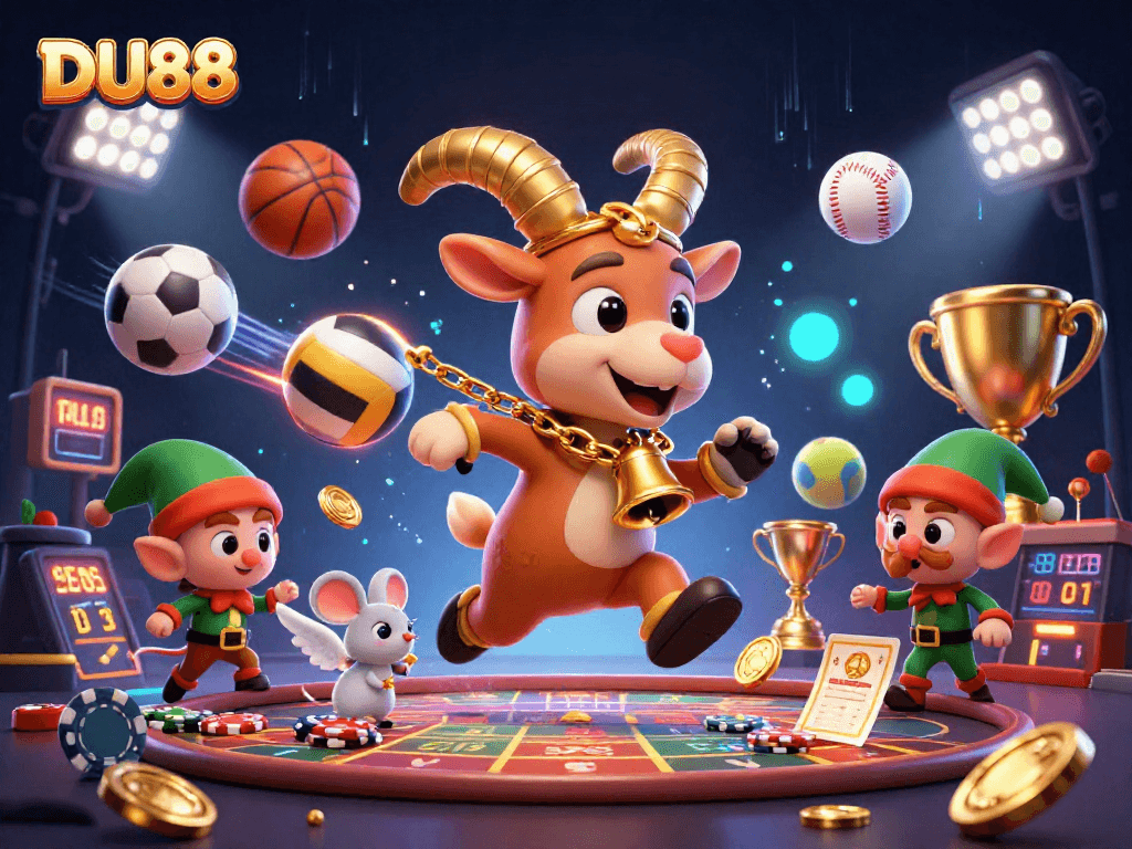 DU88 players enjoying a dynamic holiday-horror casino scene with sports balls and festive characters.