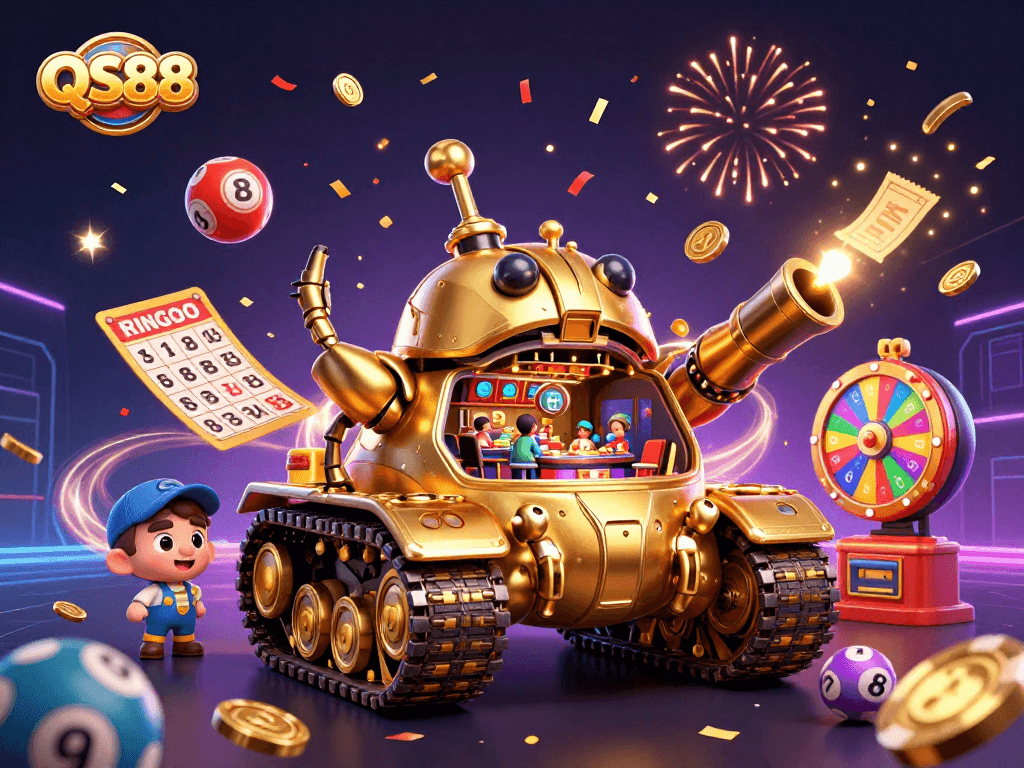 Engage in thrilling gaming with QS88's vibrant 3D casino scene featuring dynamic elements and excitement.