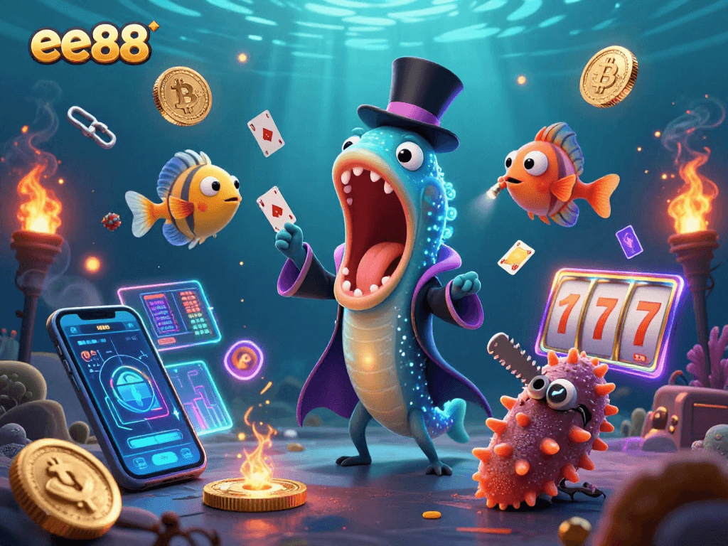 Watch ee88's thrilling magic performance with crypto coins and vibrant slot elements!