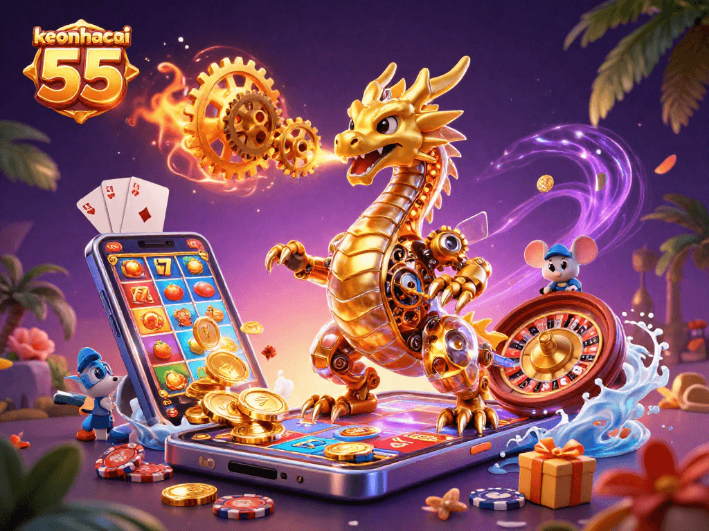 Experience keonhacai 55 with dynamic gaming elements featuring a golden dragon and vibrant casino scenes.